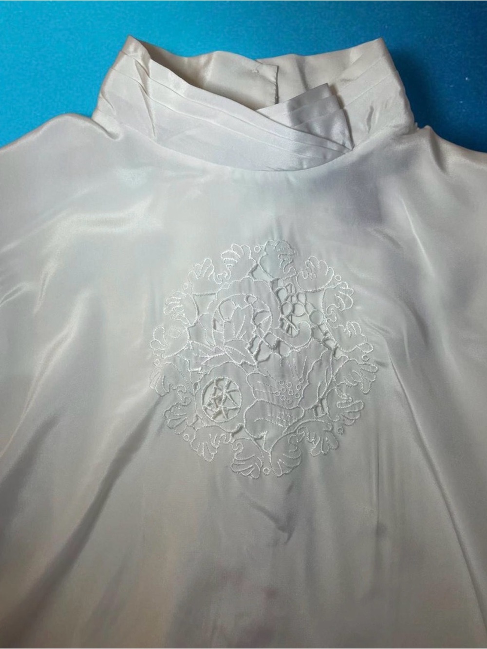 Librarian Retro Korean White Floral Embroidered Mock Neck Women's Blouse Size 10